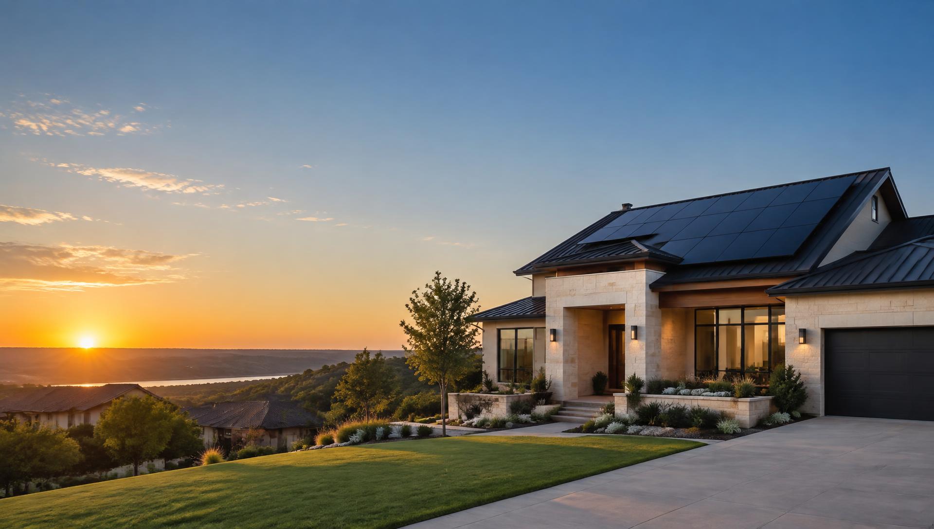Modern Texas home with rooftop solar panels at sunset